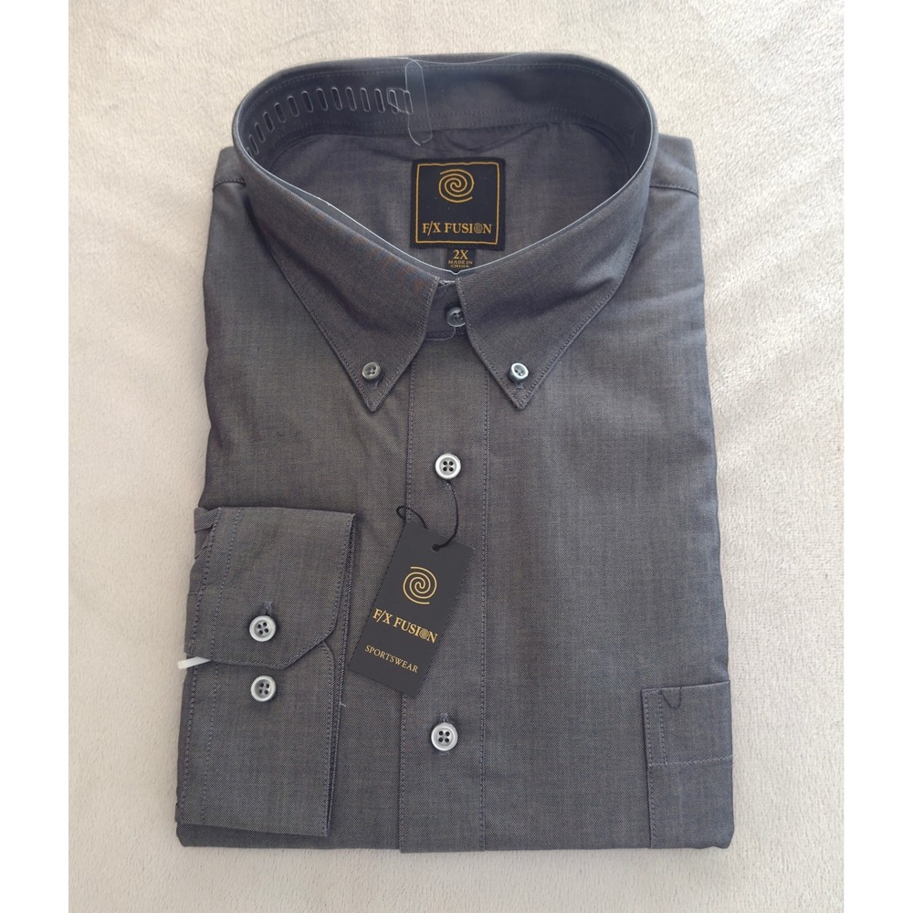 New! F/X Fusion Button Down Dress Shirt Mens 2X Charcoal Easy Care Long Sleeve
